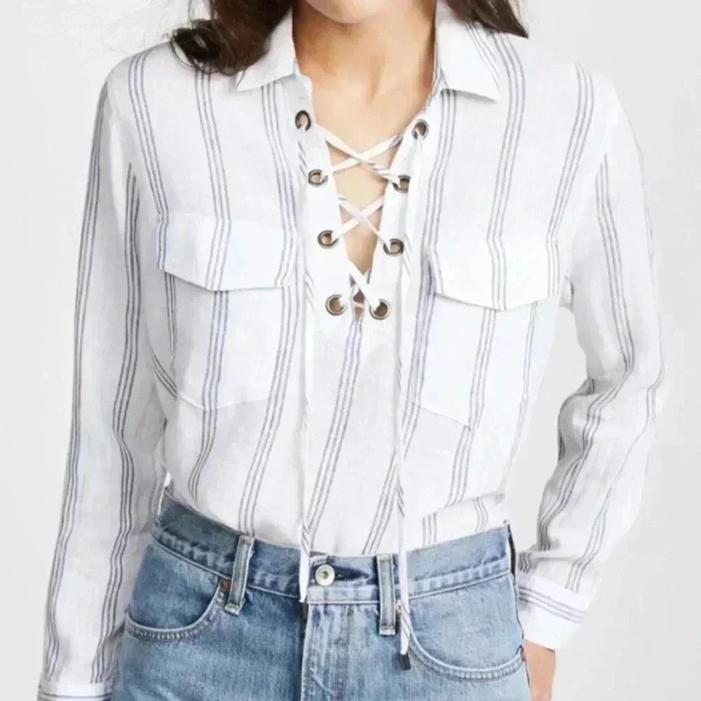 Rails‎ Matea Flamenco Stripe Linen  Blend Pockets Shirt Blouse Sz M